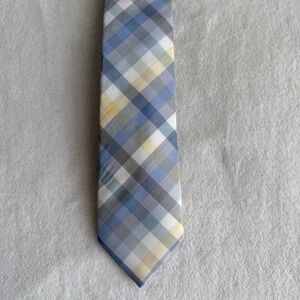 Express Men's Slim Silk Necktie Blue Yellow Plaid Pastel Summer Office Workwear